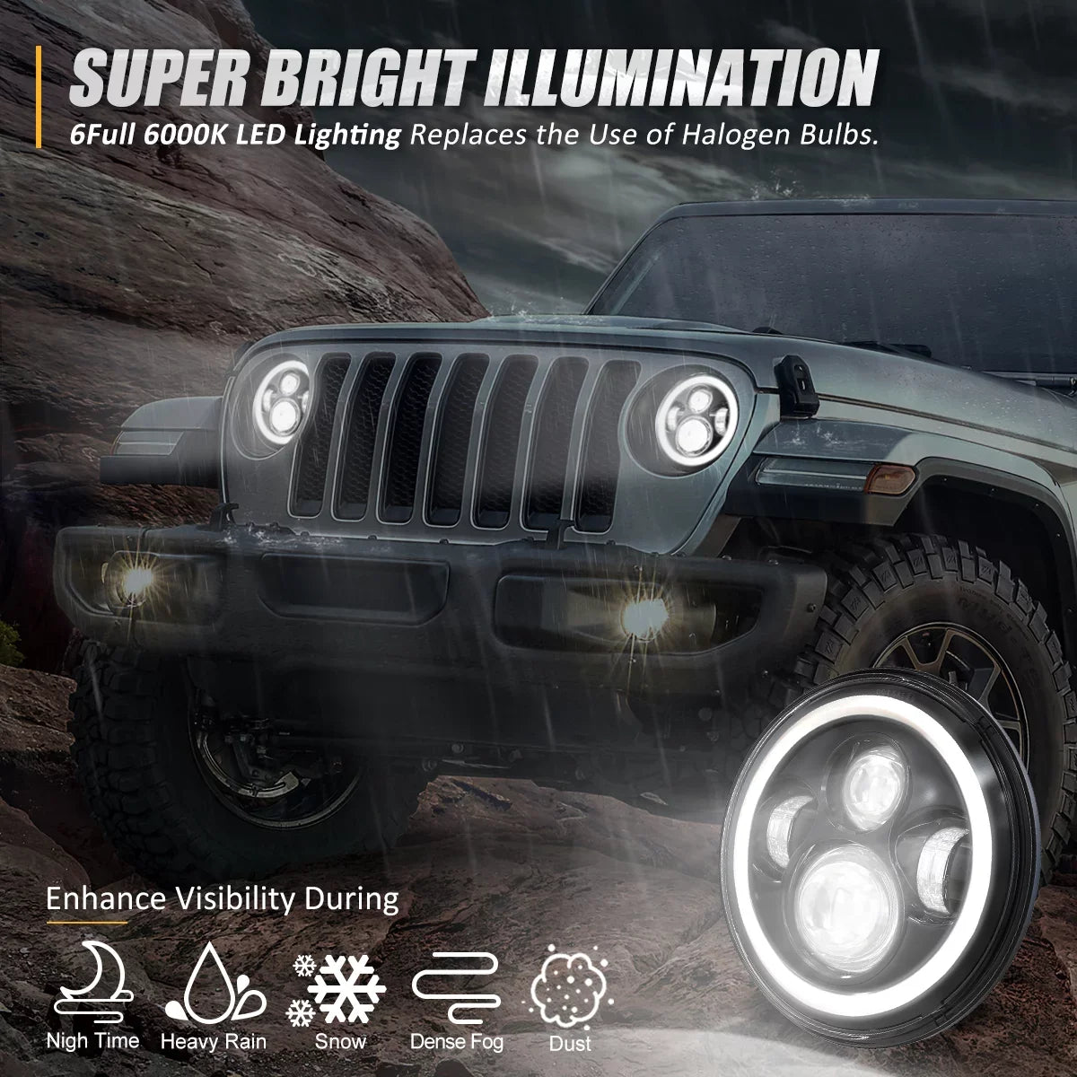 NUVISizeION LIGHTING NVL-HL-001H Nuvision For 1997 to 2018 Jeep Wrangler/Wrangler JK TJ LJ CJ 2Pcs 7 inches LED Halo DRL Projector Black Housing Headlights 13 14