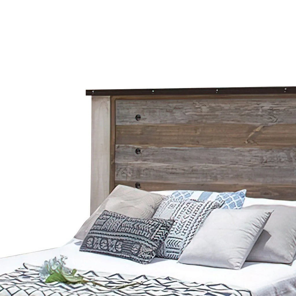 Benjara Fena King Sizeize Bed, Round Black Nailheads, Distressed Wood Multicolor Brown
