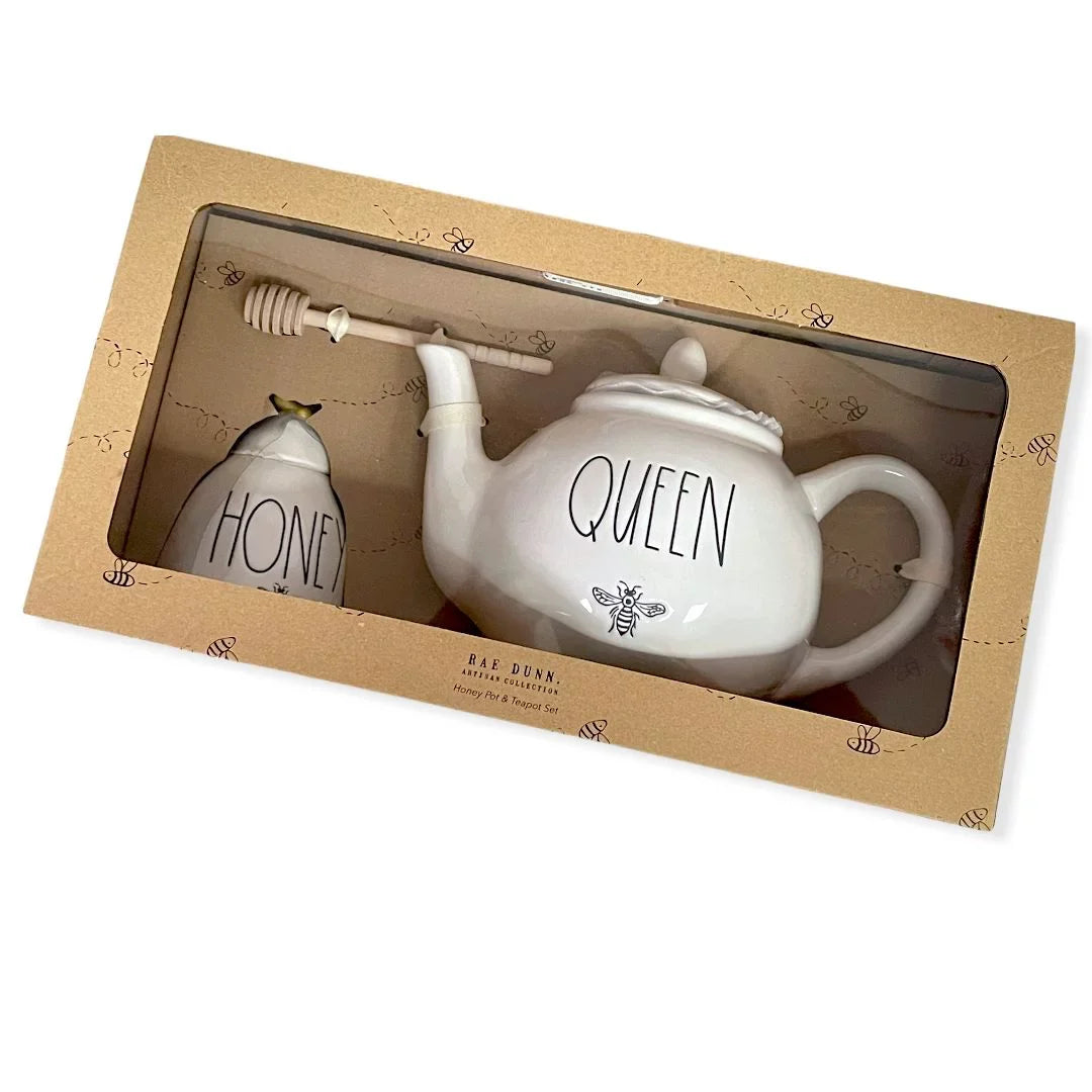 Rae Dunn By Magenta Queen Teapot 59.2 oz and Honey Pot Jar 11.5 oz Gift Sizeet