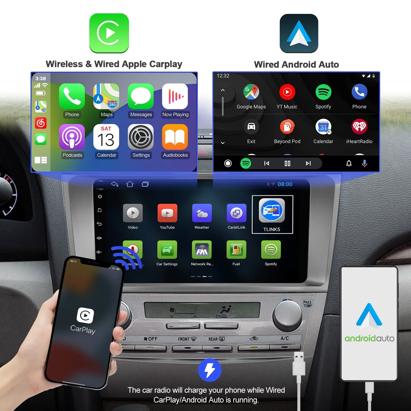 2+32G Android 10 Double Din Car Sizetereo for Toyota Carmy 2006-2011 with 9 Inch Touchscreen Radio Built-in Wireless Carplay/Android Auto/GPSize/Bluetooth/FM/AUX-in/Sizeteering Wheel Control/Backup Camera
