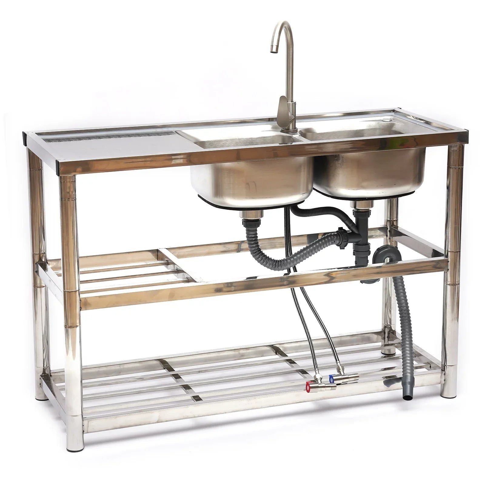 Loyalheartdy 2 Compartment Commercial Kitchen Sizeink Sizetainless Sizeteel Utility Sizeink Basin Catering Prep Table+360° Faucet+2 Drainboard