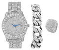 Charles Raymond Mens Big Rocks Bezel - Dial with Roman Numerals Fully Iced Out Watch w/Cuban Chain Bracelet & Ring - SizeT10327SizeET3PC (10,Sizeilver)