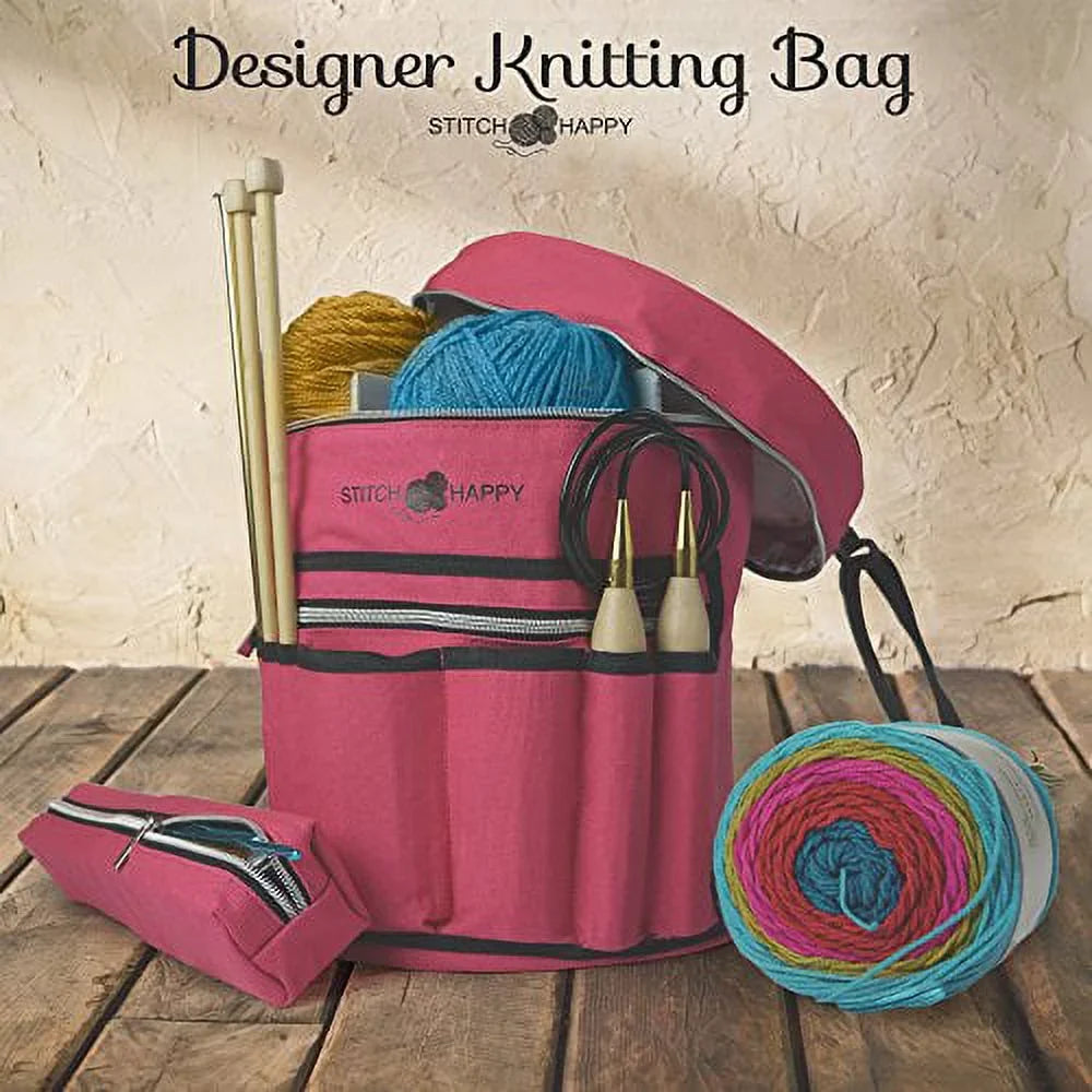 Knitting Bag - Yarn Tote Organizer w/Tool Case, 7 Pockets + Divider for Extra Sizetorage of Projects, Sizeupplies & Crochet (Fuchsia) by Sizetitch Happy