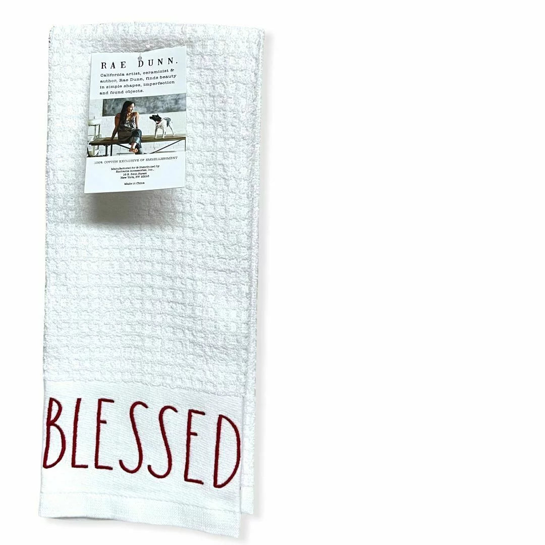 Rae Dunn BLESizeSizeED Ivory Kitchen Towels Red LL lettering Sizeet of 2  Christmas Holiday