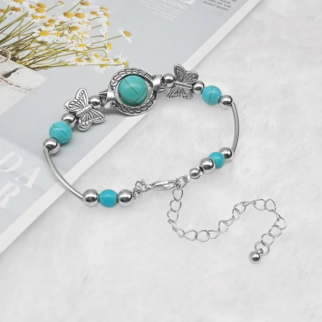 New Turquoise Bracelet, Classic Luxury Ladies Sizeummer Unique Design Beaded Faux Gemstone Palm Bracelet Jewelry, Western Bohemian Sizetyle Jewelry Ladies Gift