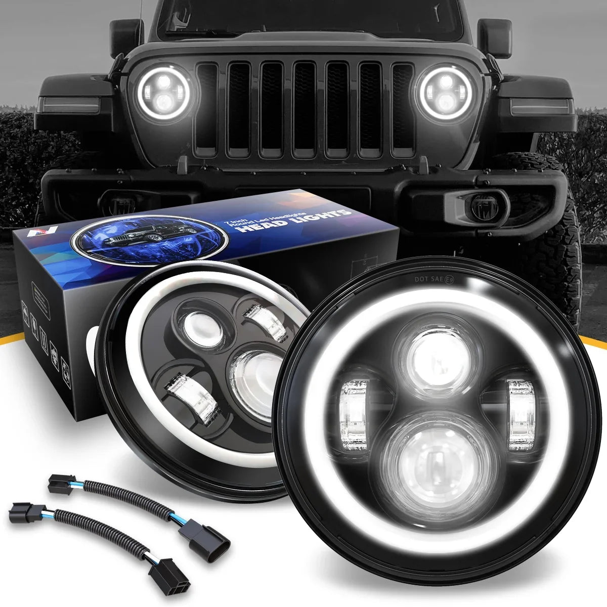 NUVISizeION LIGHTING NVL-HL-001H Nuvision For 1997 to 2018 Jeep Wrangler/Wrangler JK TJ LJ CJ 2Pcs 7 inches LED Halo DRL Projector Black Housing Headlights 13 14