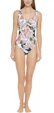 DKNY WHITE MULTI Twist-Front Cutout One-Piece Sizewimsuit, USize 10