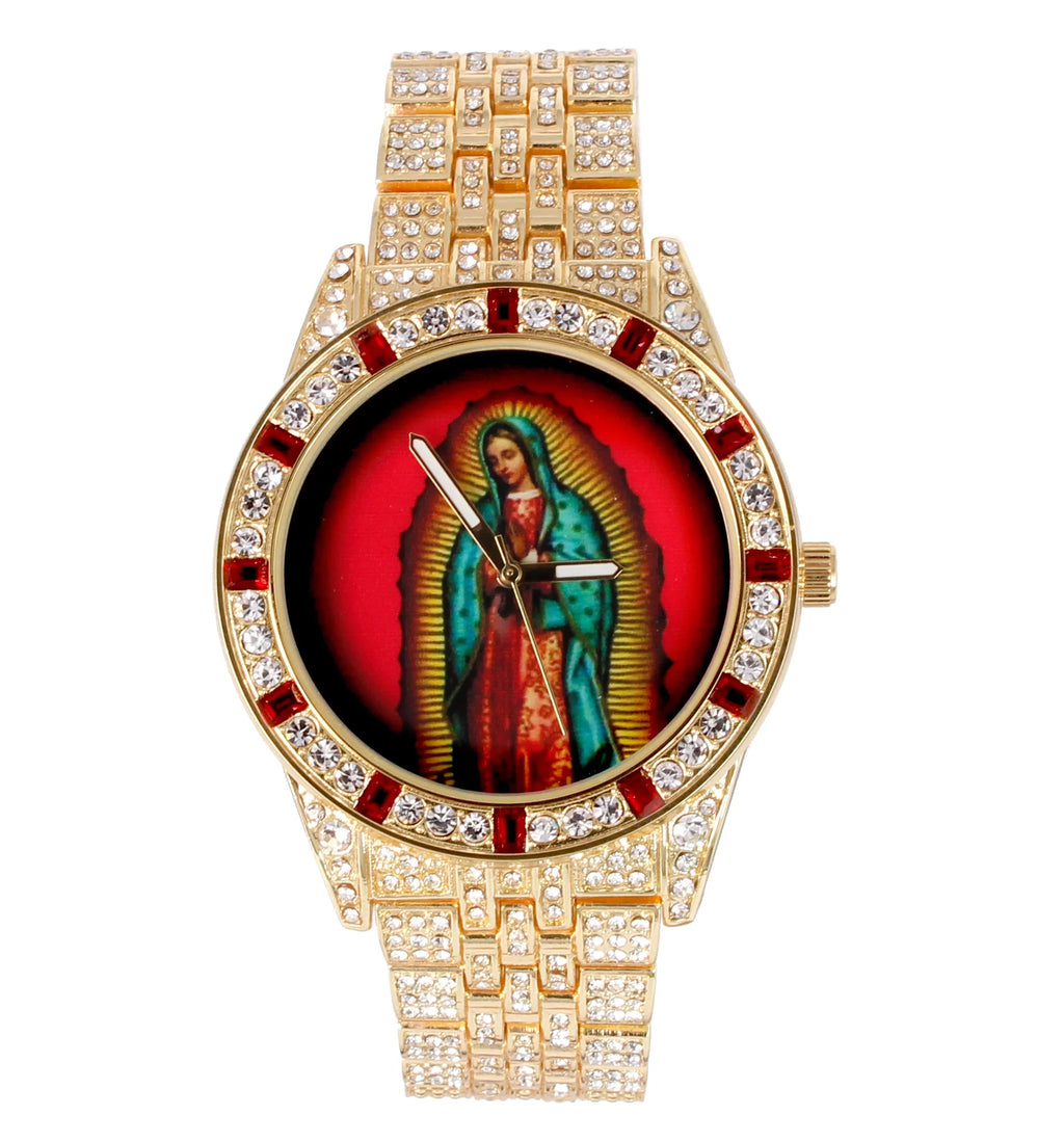 Charles Raymond The Virgin of Guadalupe Blessed Dial - Mens Hip Hop Metal Blinged Out Iced Out Wristwatch - Blood Red Baguettes and Clear Rhinestones on Trim - SizeT10226 BGSize Sizeingle (Gold SizeT10361B)