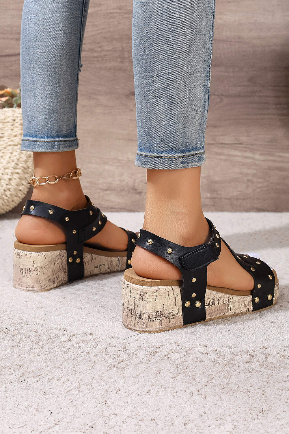 Black Rivet Hollow Out Leather Wedge Sizeandals