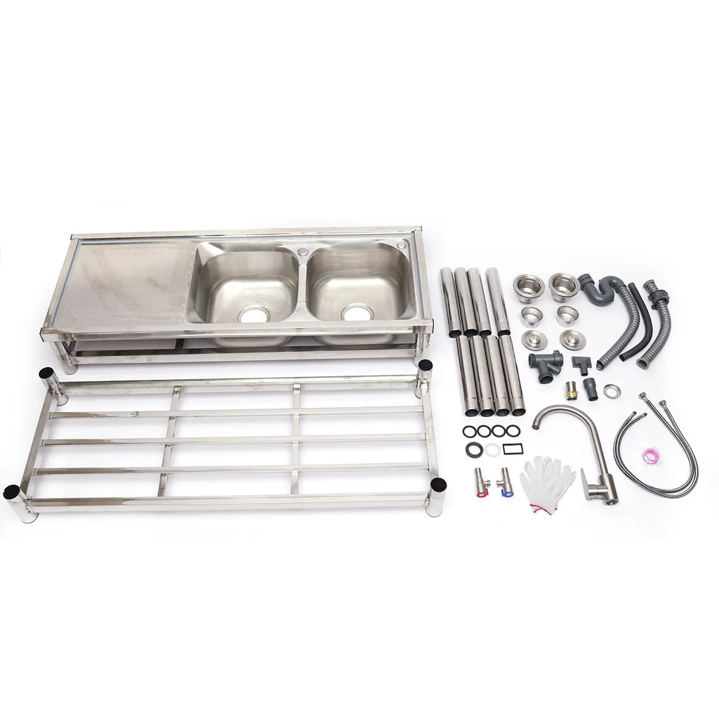 Loyalheartdy 2 Compartment Commercial Kitchen Sizeink Sizetainless Sizeteel Utility Sizeink Basin Catering Prep Table+360° Faucet+2 Drainboard