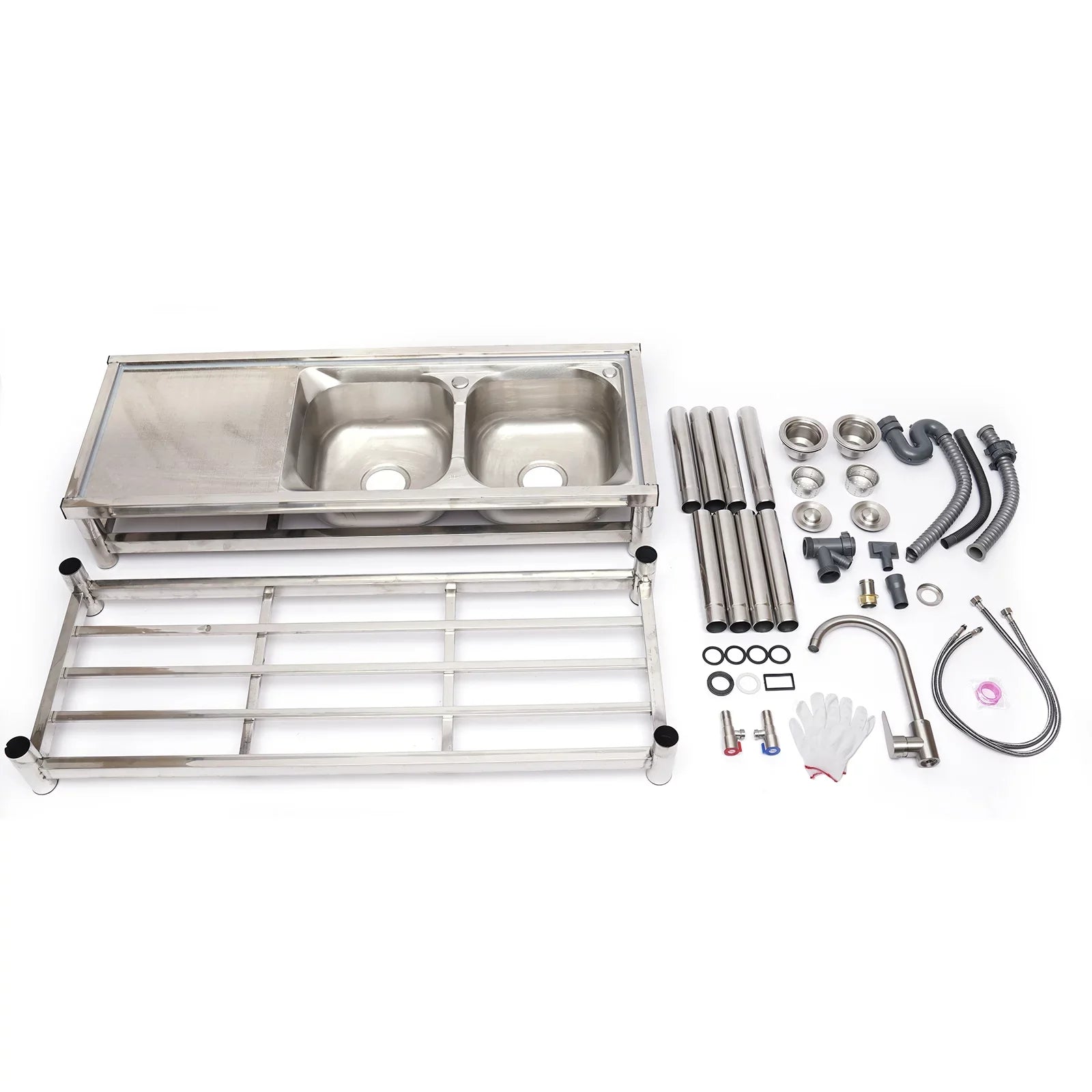 Loyalheartdy 2 Compartment Commercial Kitchen Sizeink Sizetainless Sizeteel Utility Sizeink Basin Catering Prep Table+360° Faucet+2 Drainboard