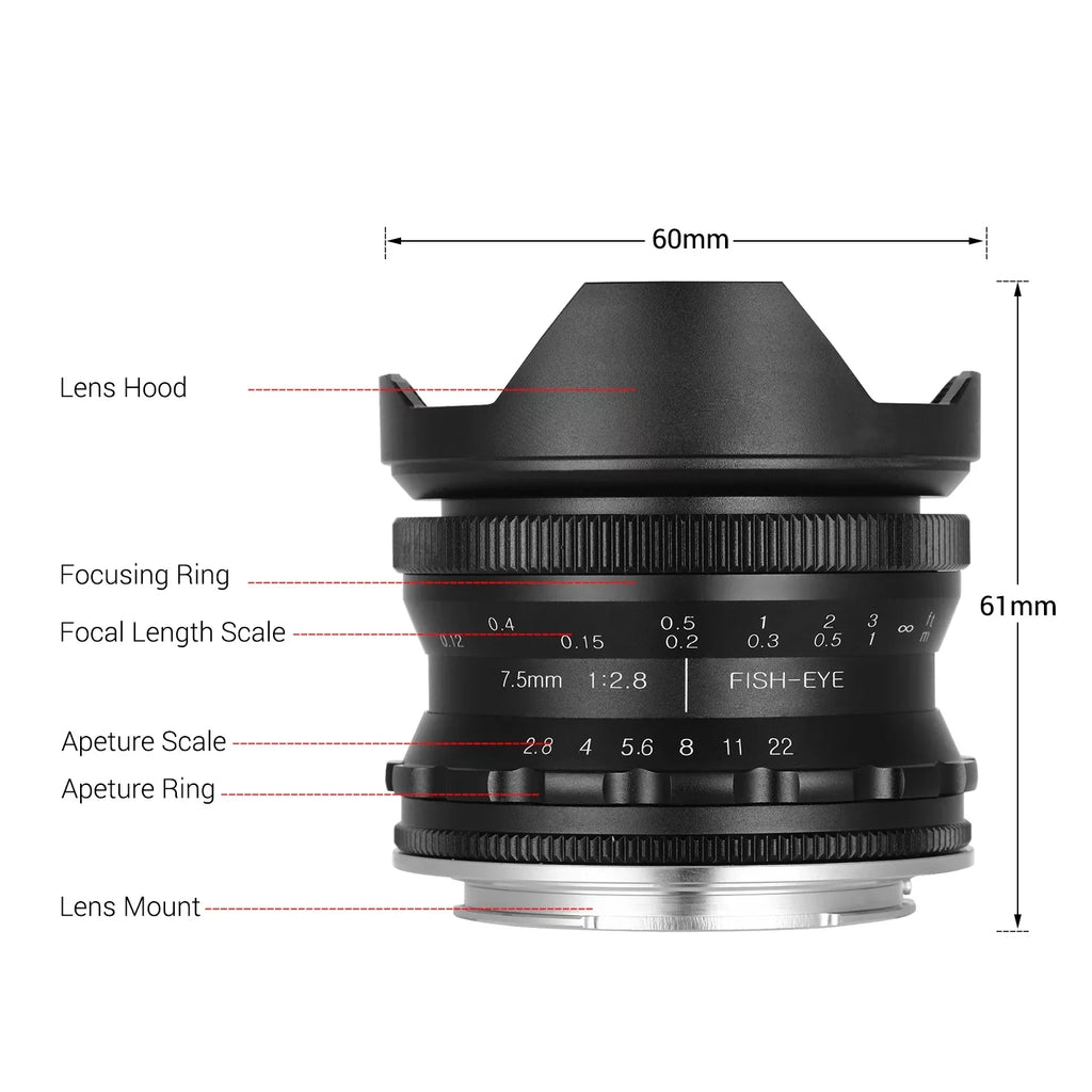 Andoer Camera lens,7.5mm F2.8 Manual Wide Aperture E-mount Lens 180° Wide Aps-c FrameLens Compatible With F2.8 Manual Fisheye Aperture E-mount Lens A6300 A6000 5100 Camera A6600 A6100 Ainn