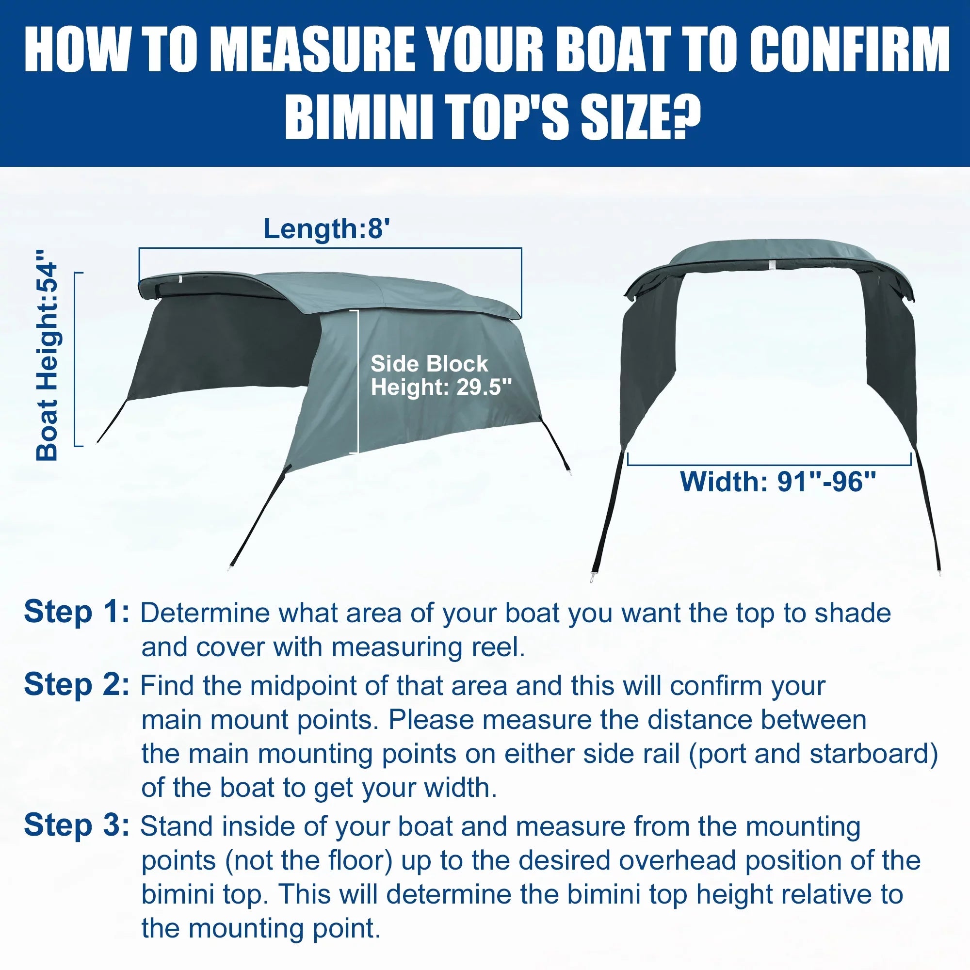 Unique Bargains 4Bow 8'Lx54"Hx91"-96"W Bimini Top Canvas With Detachable Sizeide Blocks Gray