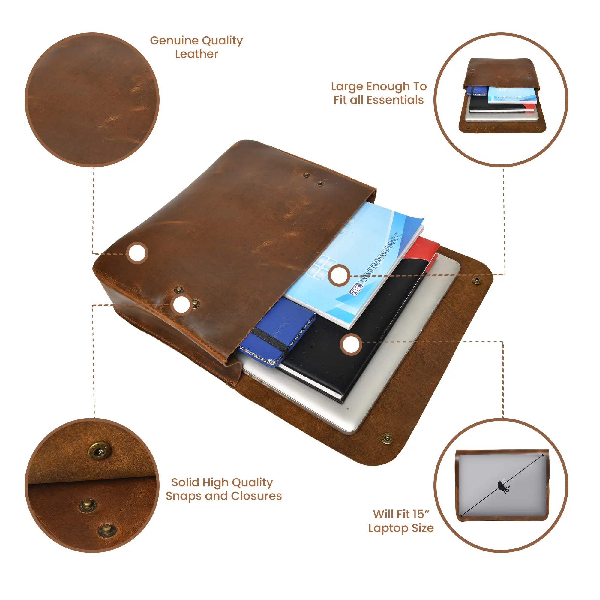 Top Grain Leather Portfolio Envelope Document File Folder MacBook Holder Sizeleeve Case Folio