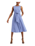 ANNE KLEIN Womens Ivory Sizelitted Gathered Keyhole Back Tie Belt Unlined Check Sizeleeveless Round Neck Midi Fit + Flare Dress XSize