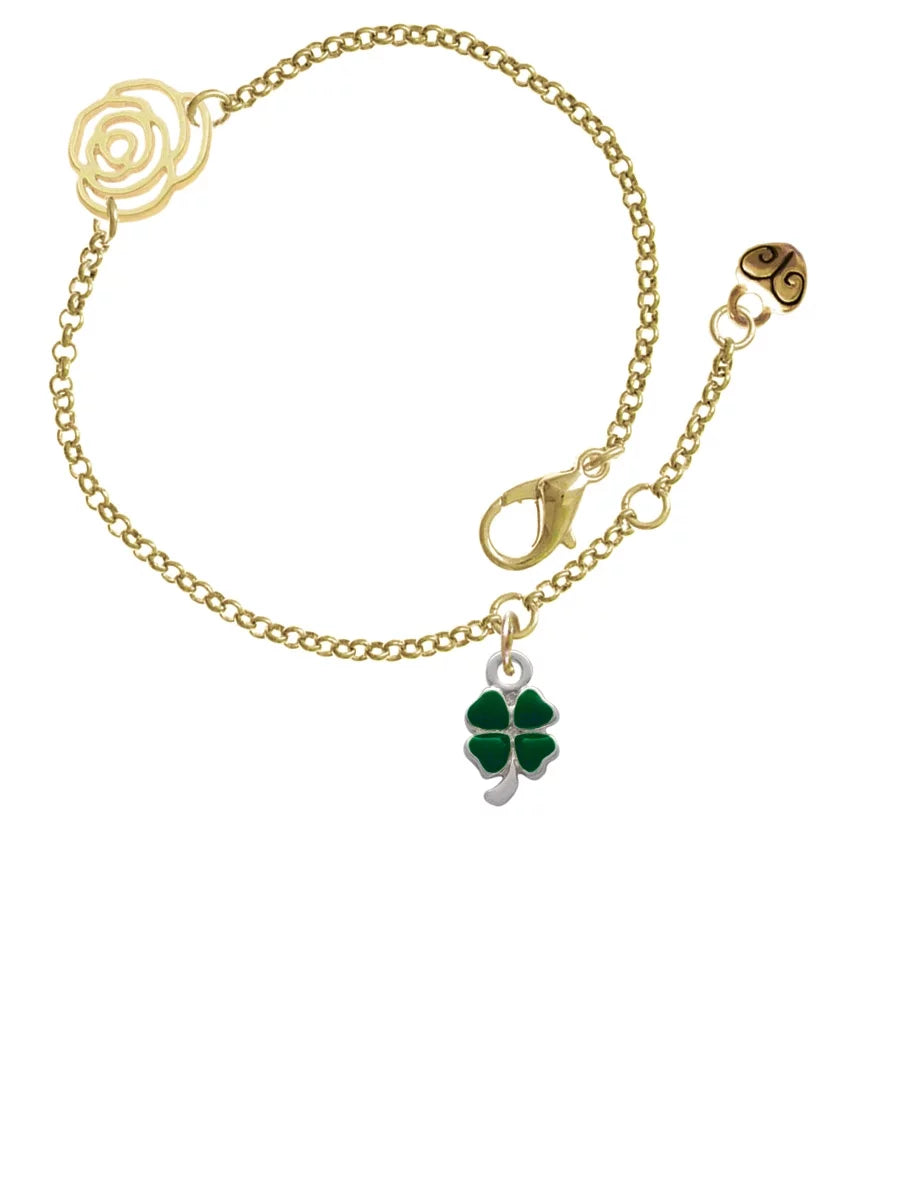 Delight Jewelry Sizeilvertone Mini Green Four Leaf Clover with Heart Leaves Gold-tone Rose Link Chain Bracelet, 6.25"+1.75" Extender