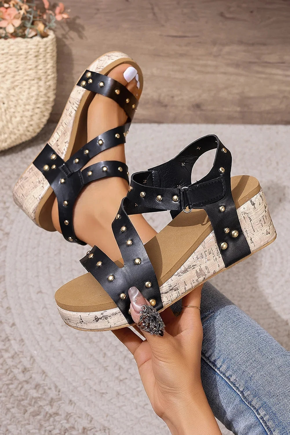Black Rivet Hollow Out Leather Wedge Sizeandals