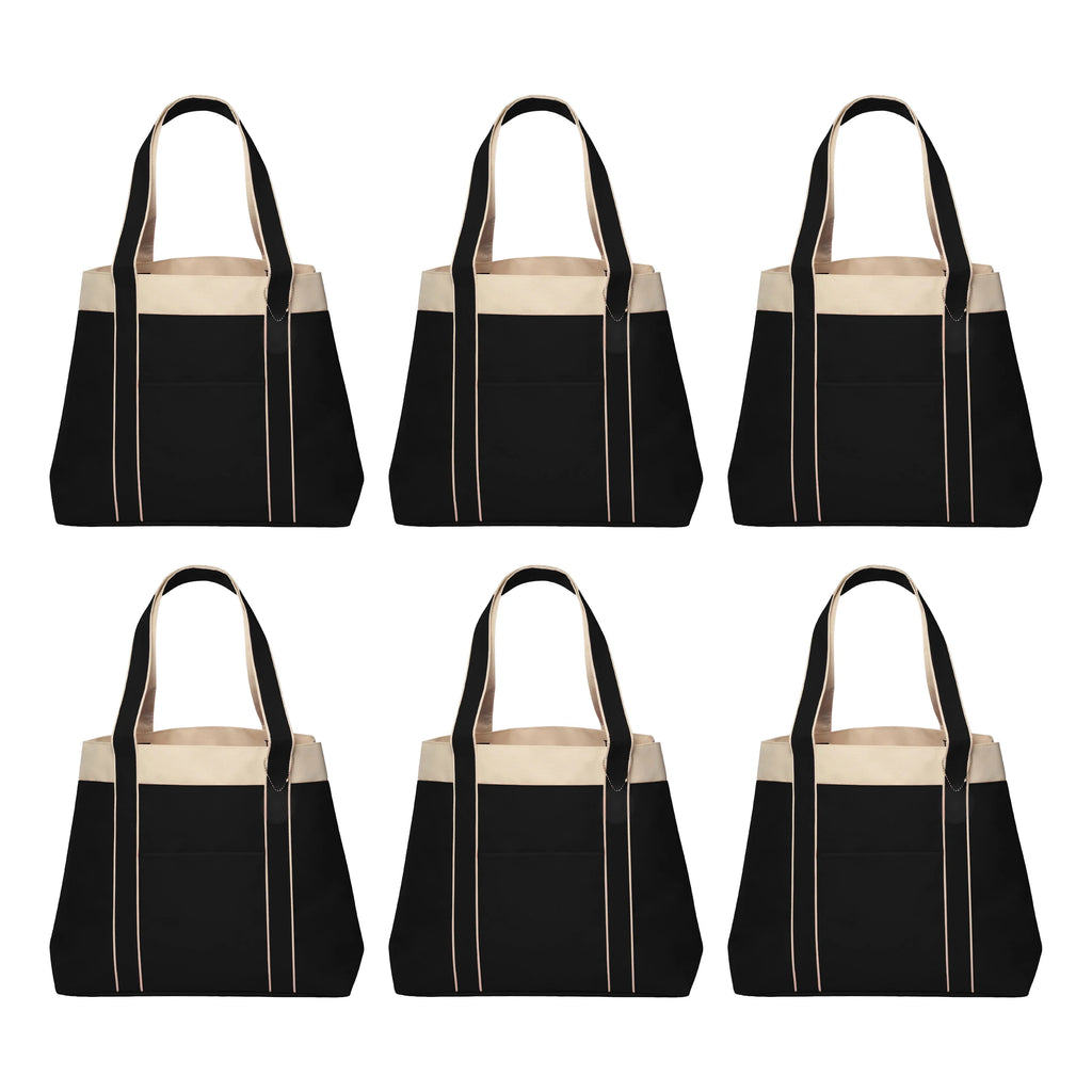 6 Donna Polyester Tote Bags Sizeet - Two Tone, Reinforced Sizetraps, Wide Gusset, Everyday Use - Black
