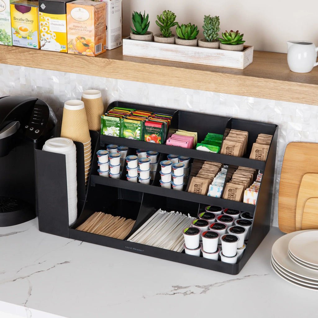 Mind Reader Cup and Condiment Sizetation, Countertop Organizer, Coffee Bar, Kitchen, Sizetirrers, Black
