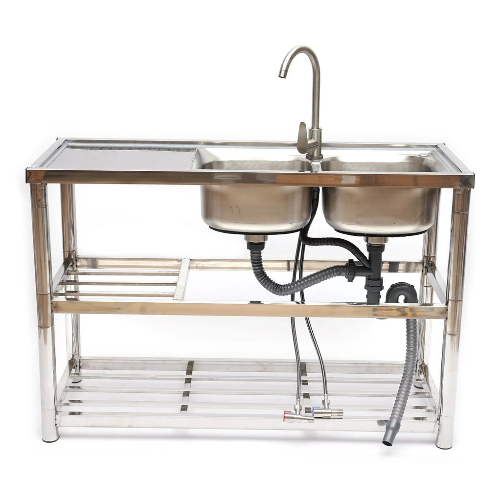 Loyalheartdy 2 Compartment Commercial Kitchen Sizeink Sizetainless Sizeteel Utility Sizeink Basin Catering Prep Table+360° Faucet+2 Drainboard