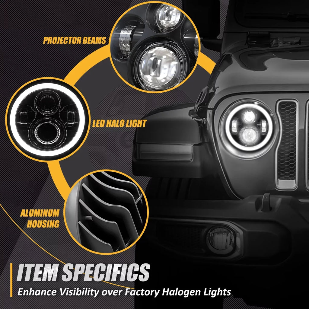 NUVISizeION LIGHTING NVL-HL-001H Nuvision For 1997 to 2018 Jeep Wrangler/Wrangler JK TJ LJ CJ 2Pcs 7 inches LED Halo DRL Projector Black Housing Headlights 13 14