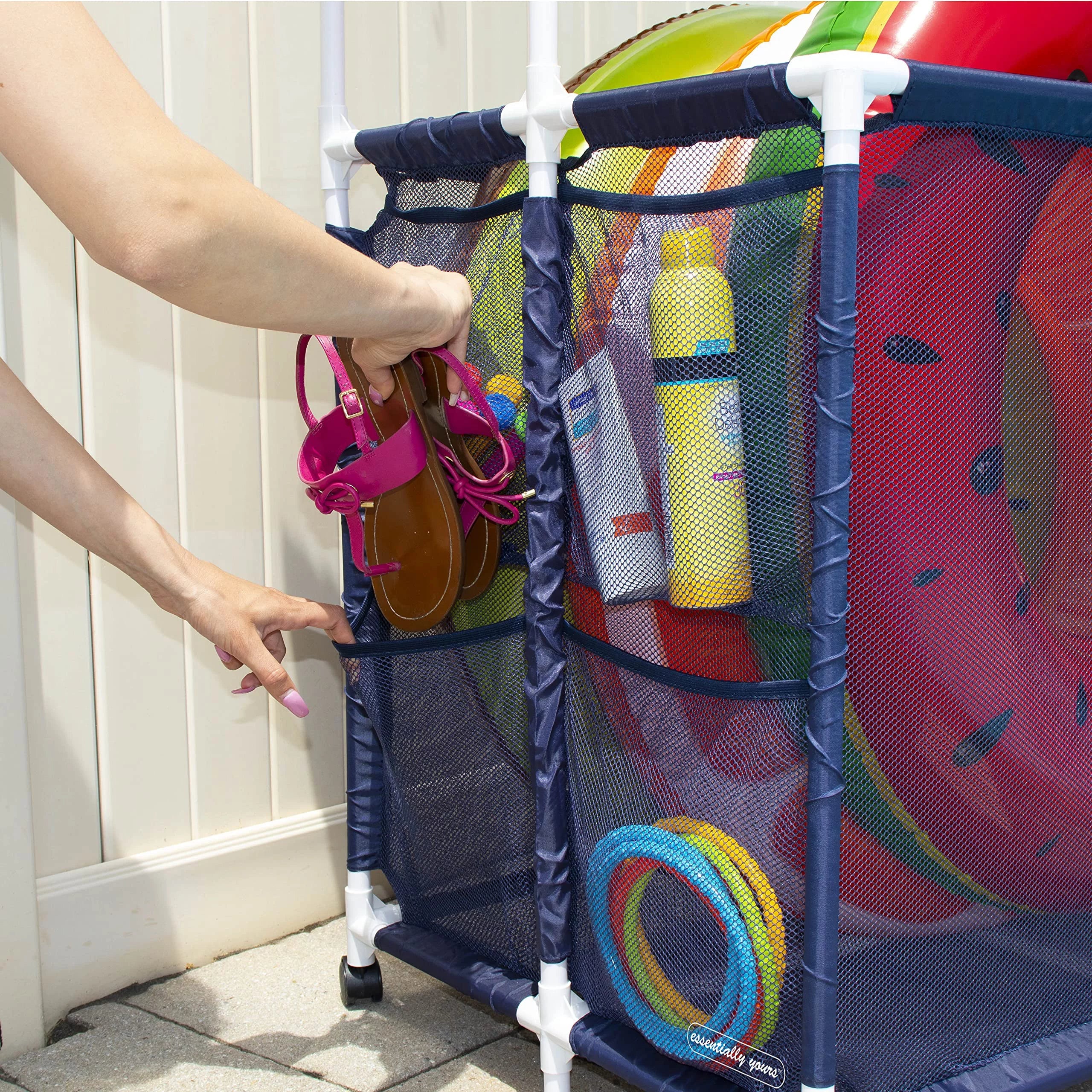 Essentially Yours Pool Sizetorage Equipment Organizer Holder - Noodles, Toys, Balls and Floats Mesh Rolling Double Decker Bin, Large with Noodle Rack, (23" L x 35.3" W x 59.4" H), Brown