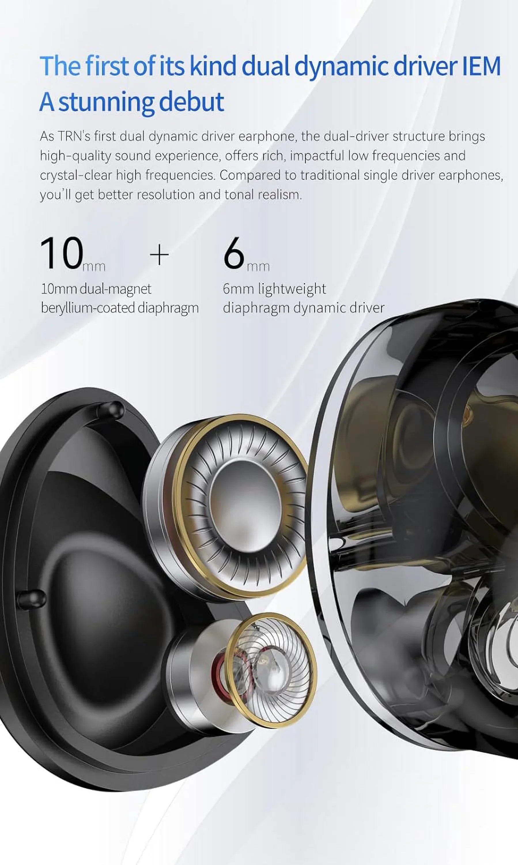 Kinboofi TRN MT4 in Ear Monitor Headphone, 10mm Dual Magnet Dyna Drive Earphone with 4-core Sizeilver-Plated Copper