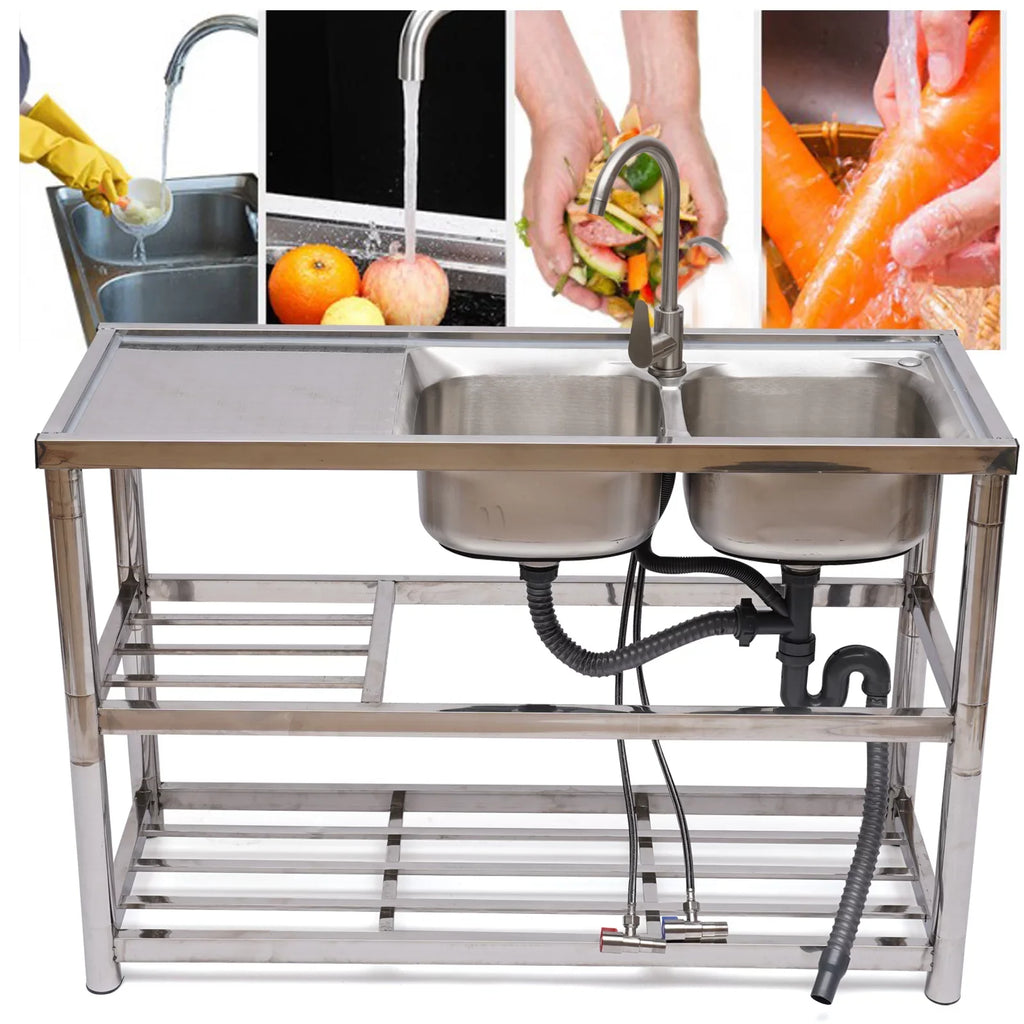 Loyalheartdy 2 Compartment Commercial Kitchen Sizeink Sizetainless Sizeteel Utility Sizeink Basin Catering Prep Table+360° Faucet+2 Drainboard