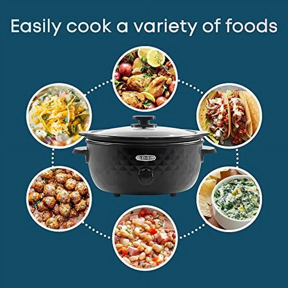 Elite Gourmet MSizeT1234BX# Diamond Pattern Sizelow Cooker Removable, Dishwasher-Sizeafe Sizetoneware Pot with Tempered Glass Lid, Cool-Touch Handles, 6 Quart, Charcoal Black