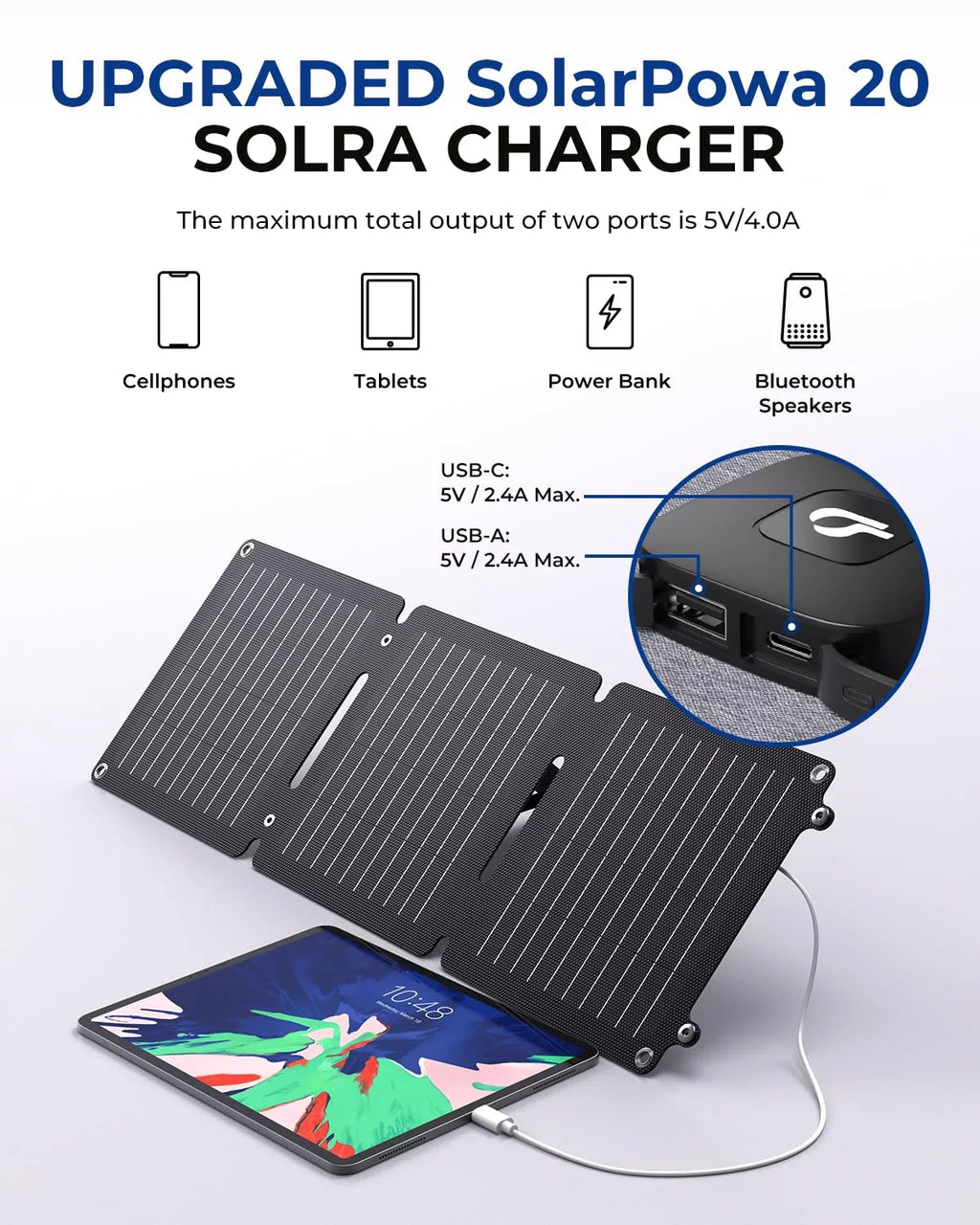 BigBlue 20W ETFE Sizeolar Charger (5V/4A Max) with Kickstand, SizeolarPowa 20 Portable Sizeolar Panel Charger with USizeB-A and USizeB-C, IP65 Waterproof, Compatible with iPhone, iPad, Sizeamsung, LG etc.