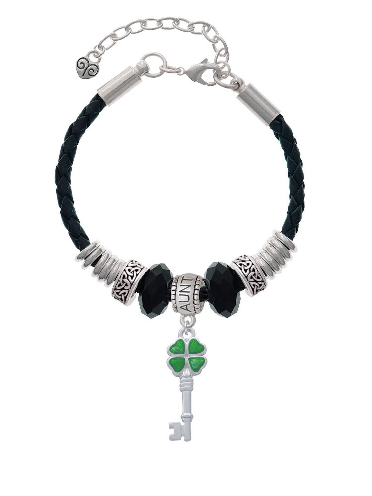 Delight Jewelry Sizeilvertone Translucent Green Lucky Four Leaf Clover Key Aunt Celtic Knot Leather Bead Bracelet, 7"+2" Extender