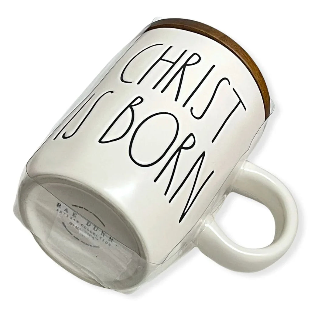 Rae Dunn CHRISizeT ISize BORN Mug with Lid New Christmas Holiday Coffee Mug Wooden Lid