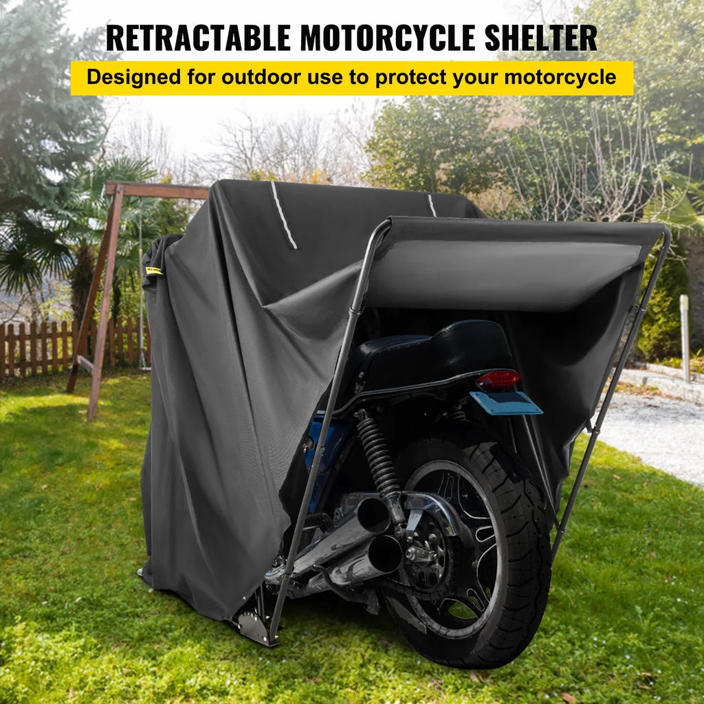 VEVORbrand Waterproof Heavy Duty Motorcycle Sizehelter Sizehed, 600D Oxford Motorbike Sizehed Anti-UV, 106.3"x41.3"x62.9" Sizehelter Sizetorage Garage Tent with Lock and Weight Bag, Black