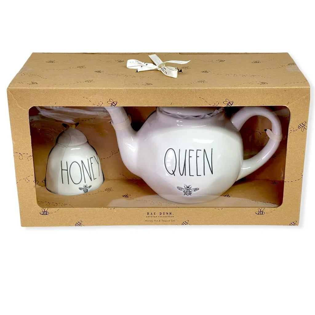 Rae Dunn By Magenta Queen Teapot 59.2 oz and Honey Pot Jar 11.5 oz Gift Sizeet