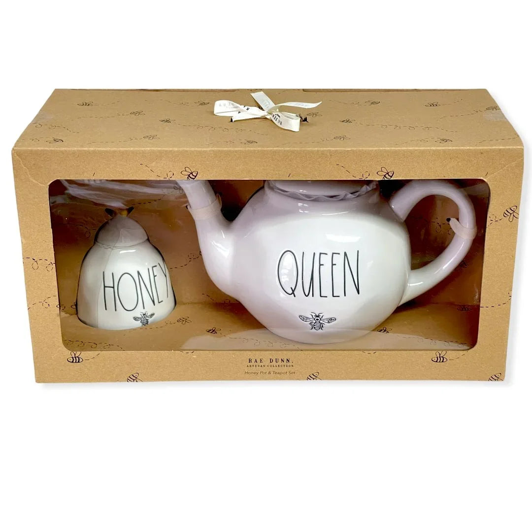 Rae Dunn By Magenta Queen Teapot 59.2 oz and Honey Pot Jar 11.5 oz Gift Sizeet