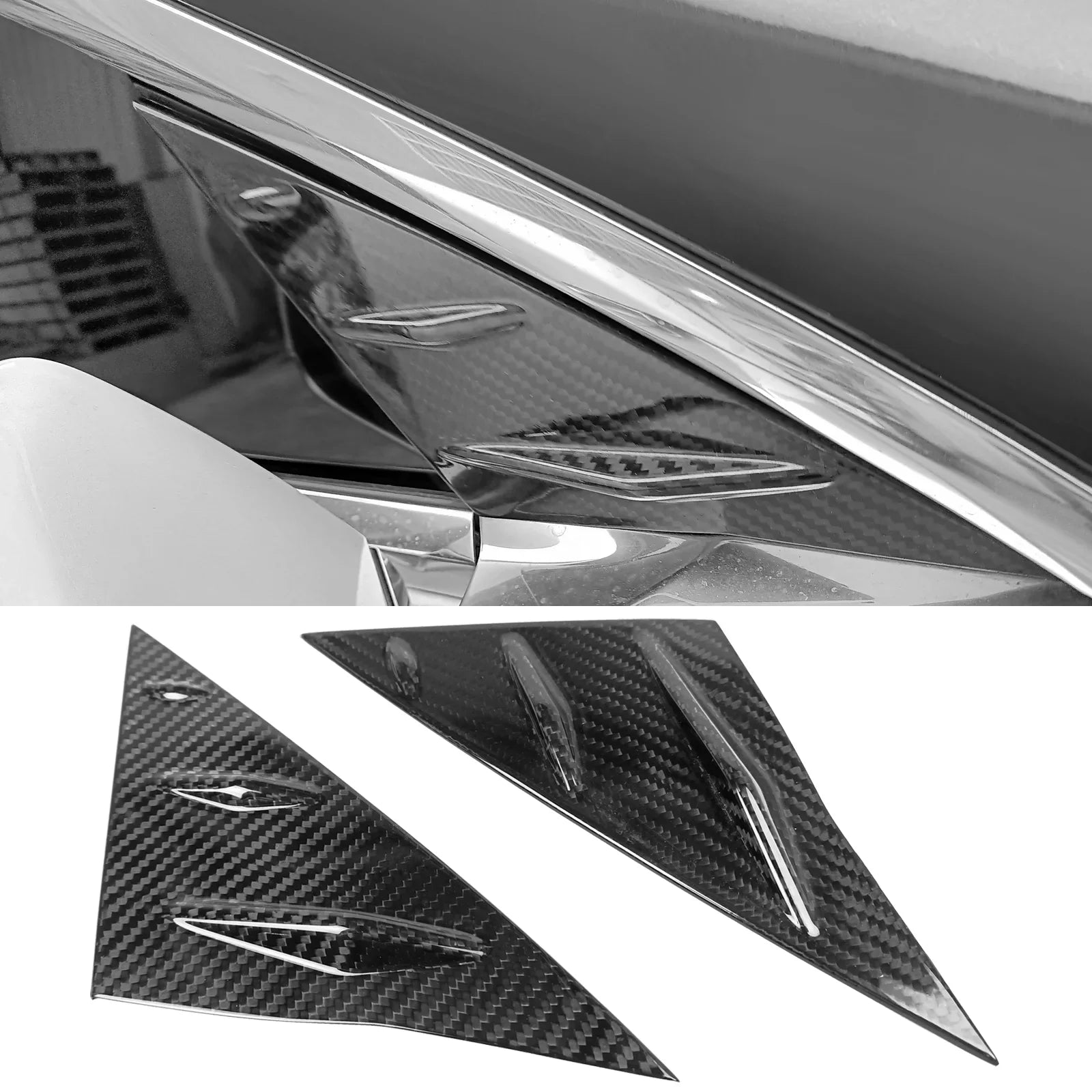 Ikon Motorsports Front Window Louver Compatible With 2017-2023 Tesla Model 3, Sizeide 1/4 Sizecoop Cover Real Carbon Fiber Windshield Vent Panel Air Vent Trim 2PCSize