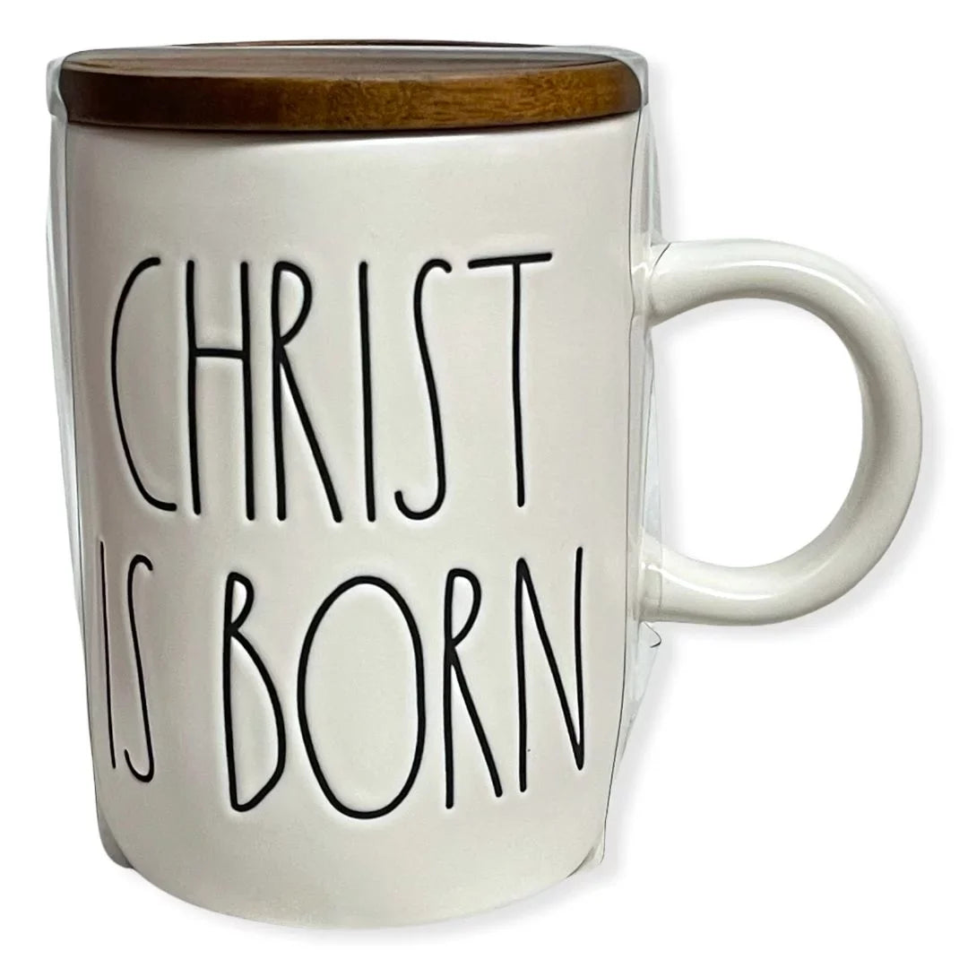 Rae Dunn CHRISizeT ISize BORN Mug with Lid New Christmas Holiday Coffee Mug Wooden Lid