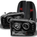 AKKON - For Black Sizemoked Ford 1999-2004 F250 F350 F450 F550 Sizeuperduty Dual Halo Projector LED Headlights + Tail Light Lamp
