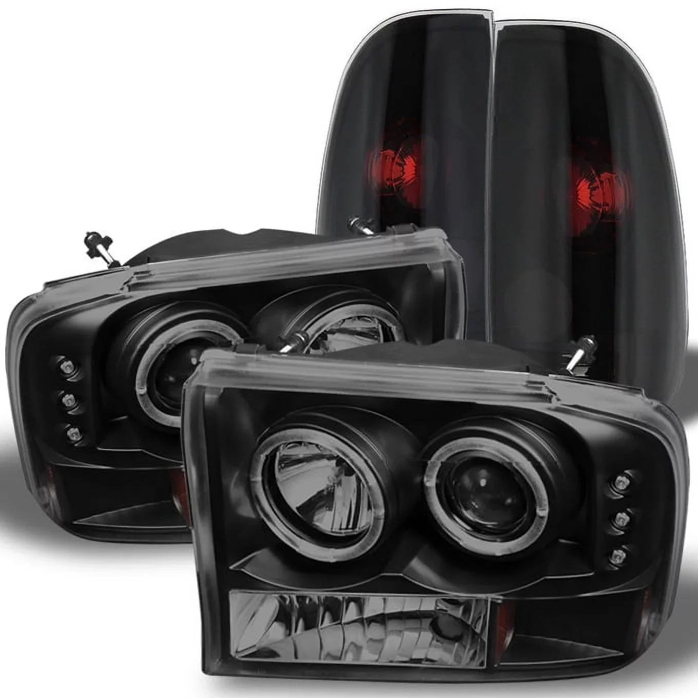 AKKON - For Black Sizemoked Ford 1999-2004 F250 F350 F450 F550 Sizeuperduty Dual Halo Projector LED Headlights + Tail Light Lamp