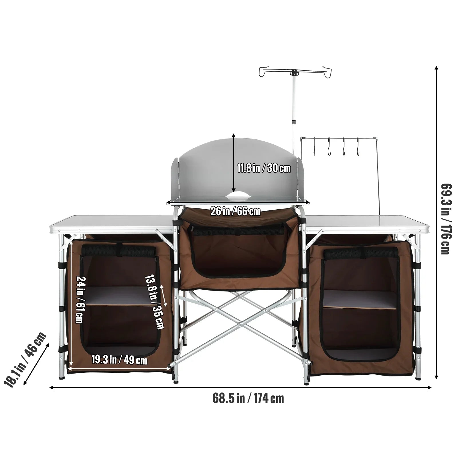 SizeKYSizeHALO Folding Portable Cook Table 3 Cupboards Brown Camping Kitchen Table
