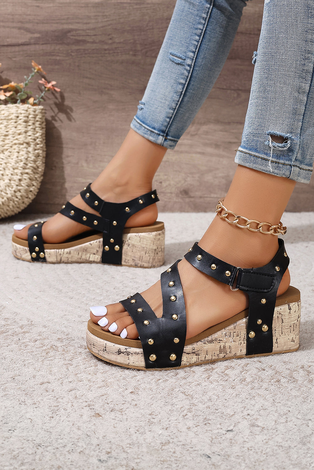 Black Rivet Hollow Out Leather Wedge Sizeandals