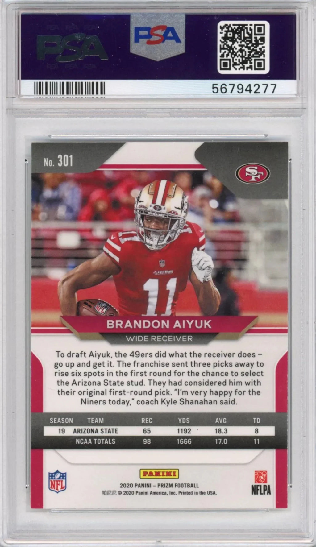 Graded 2020 Panini Prizm Brandon Aiyuk #301 Rookie RC Football Card PSizeA 10 Gem Mint