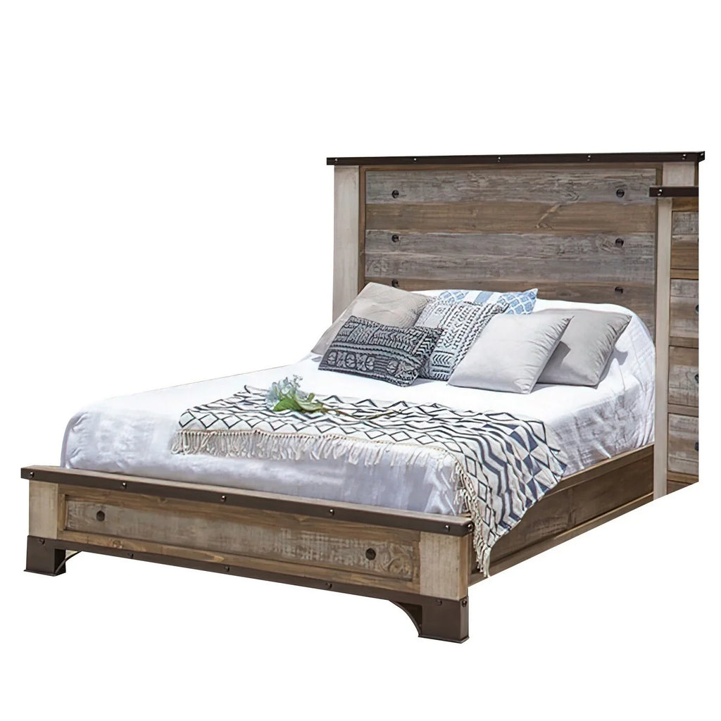 Benjara Fena King Sizeize Bed, Round Black Nailheads, Distressed Wood Multicolor Brown