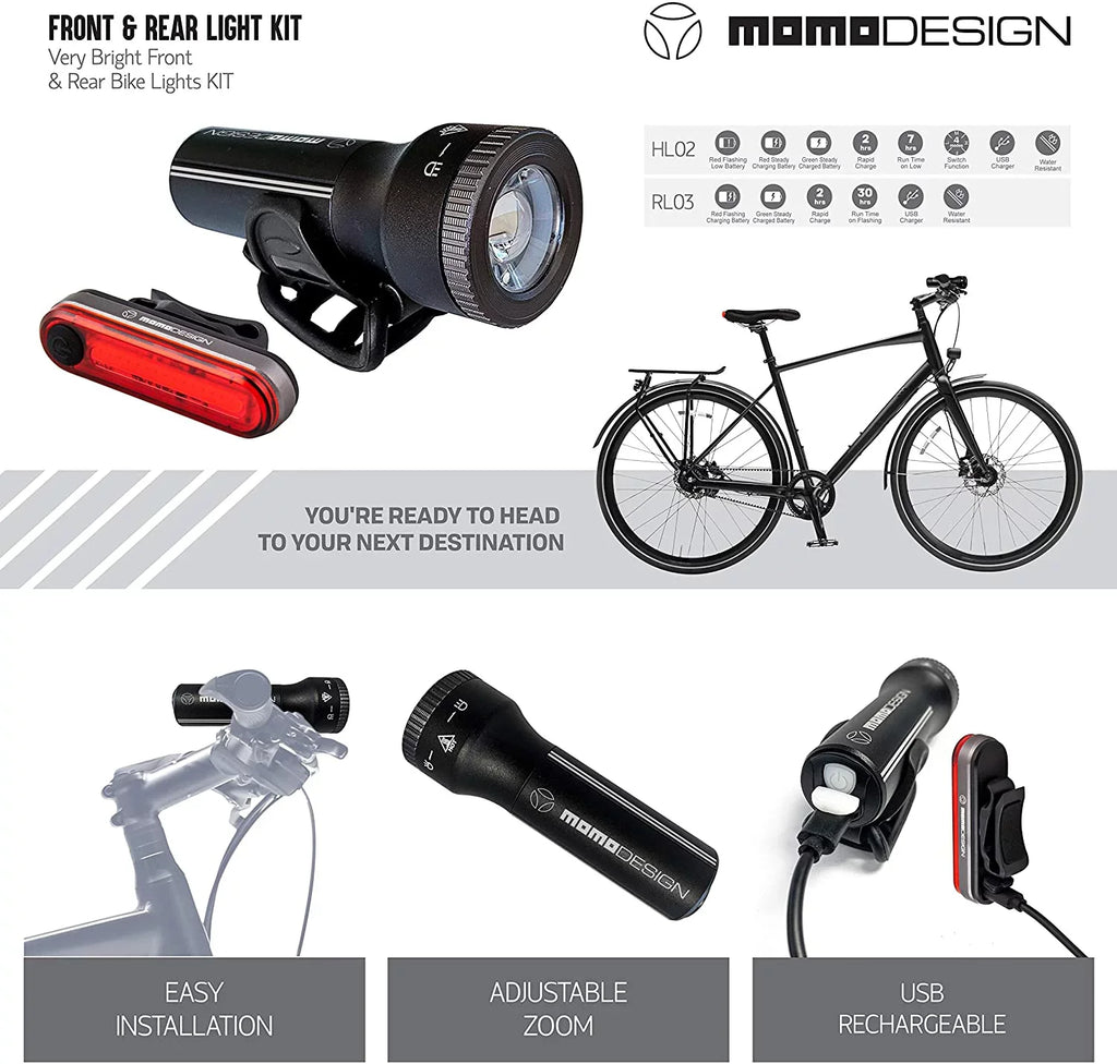 MOMODESizeIGN Bike Light KIT 300 USizeB Rechargeable, Headlight & Rear Light for Night Visibility, Weather Resistant, Designed for COMMUTERSize