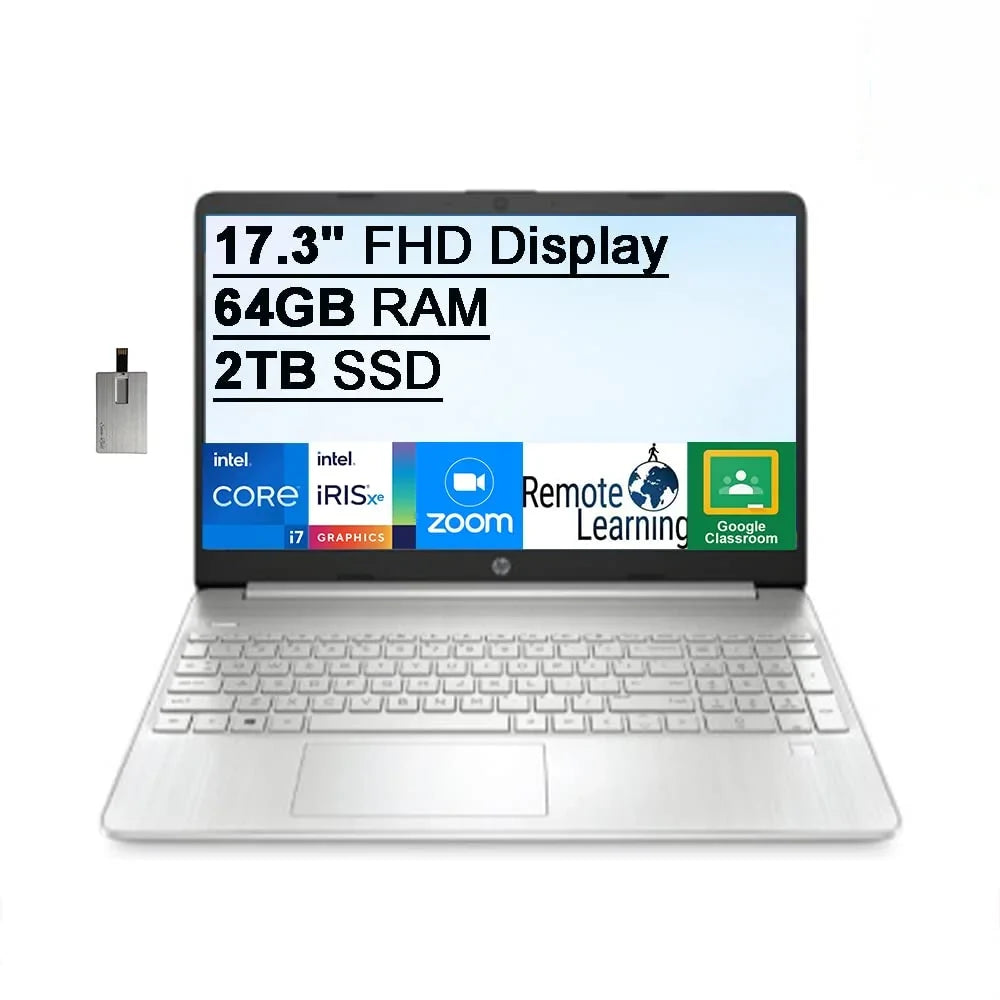 HP 2021 17.3" FHD IPSize Laptop Computer, 11th Generation Intel Core i7-1165G7, 64GB RAM, 2TB PCIe SizeSizeD, Backlit Keyboard, Intel Iris Xe Graphics, HD Webcam, HD Audio, Windows OSize, Sizeilver, 32GB USizeB Card