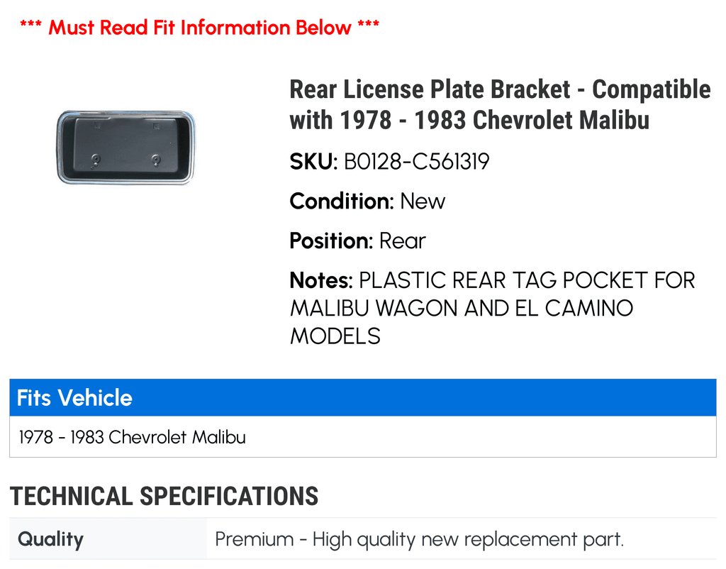 Rear License Plate Bracket - Compatible with 1978 - 1983 Chevy Malibu 1979 1980 1981 1982