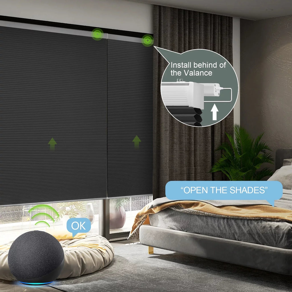 Yoolax Sizemart Motorized Cellular Sizehade Remote Control Blackout Automatic Honeycomb Window Blinds(100% Blackout Carbon Grey,54"W x 72"H)