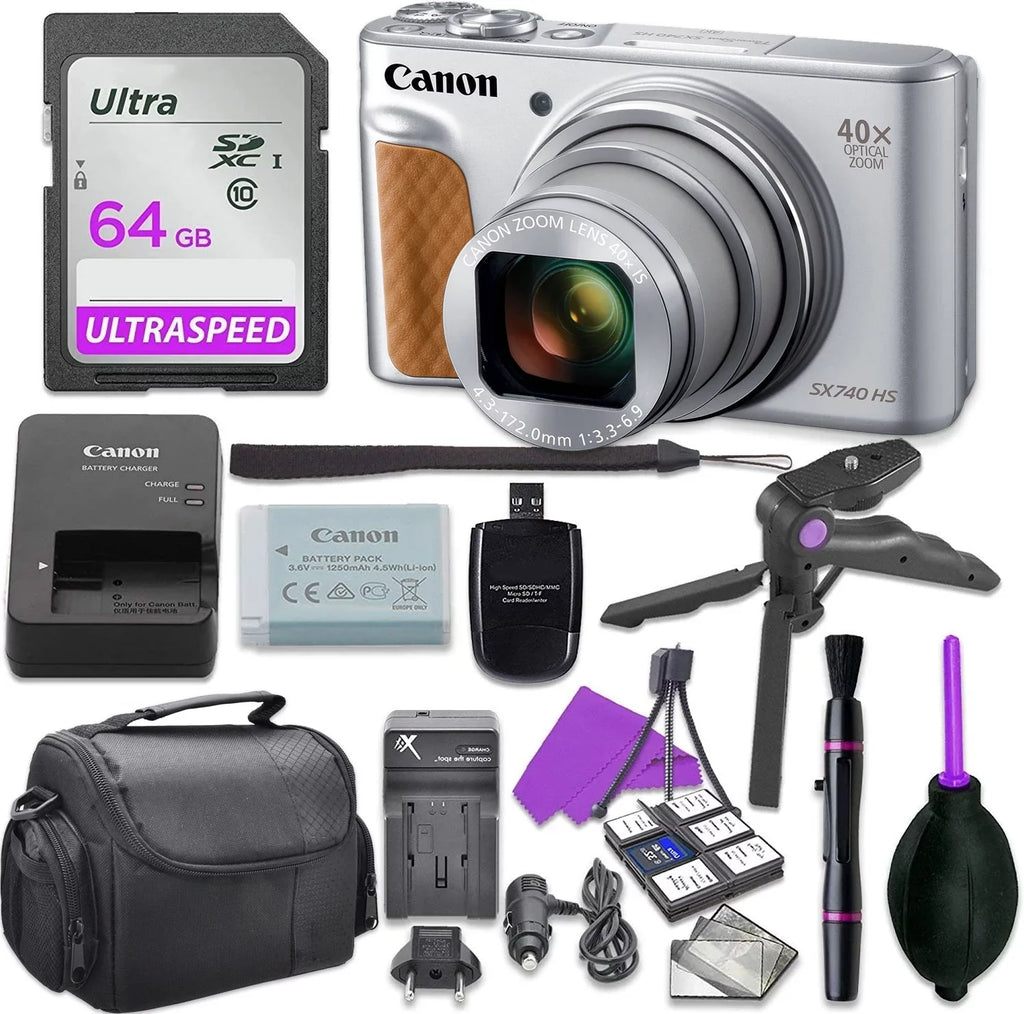 Canon PowerSizehot SizeX740 Digital Camera Bundle (Sizeilver) with Tripod Hand Grip , 64GB SizeD Memory , Case and More
