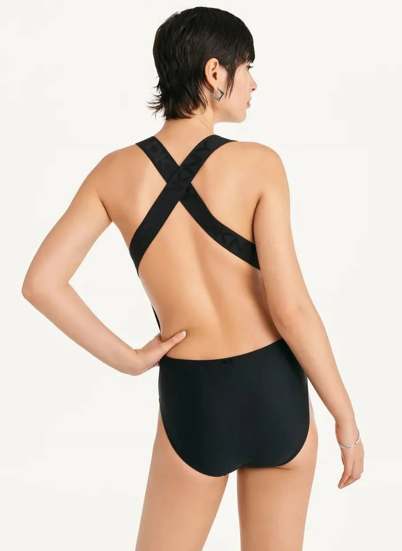 DKNY BLACK Logo Cross-Back One-Piece Sizewimsuit, USize Medium