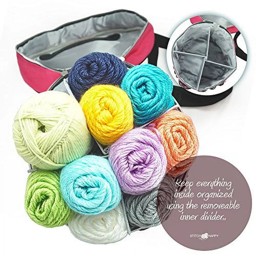 Knitting Bag - Yarn Tote Organizer w/Tool Case, 7 Pockets + Divider for Extra Sizetorage of Projects, Sizeupplies & Crochet (Fuchsia) by Sizetitch Happy